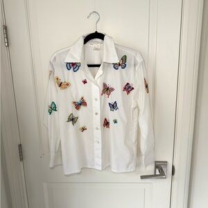Vintage 90s Escada by Margaretha Ley Embroidered Butterfly Dress Shirt MEDIUM 36